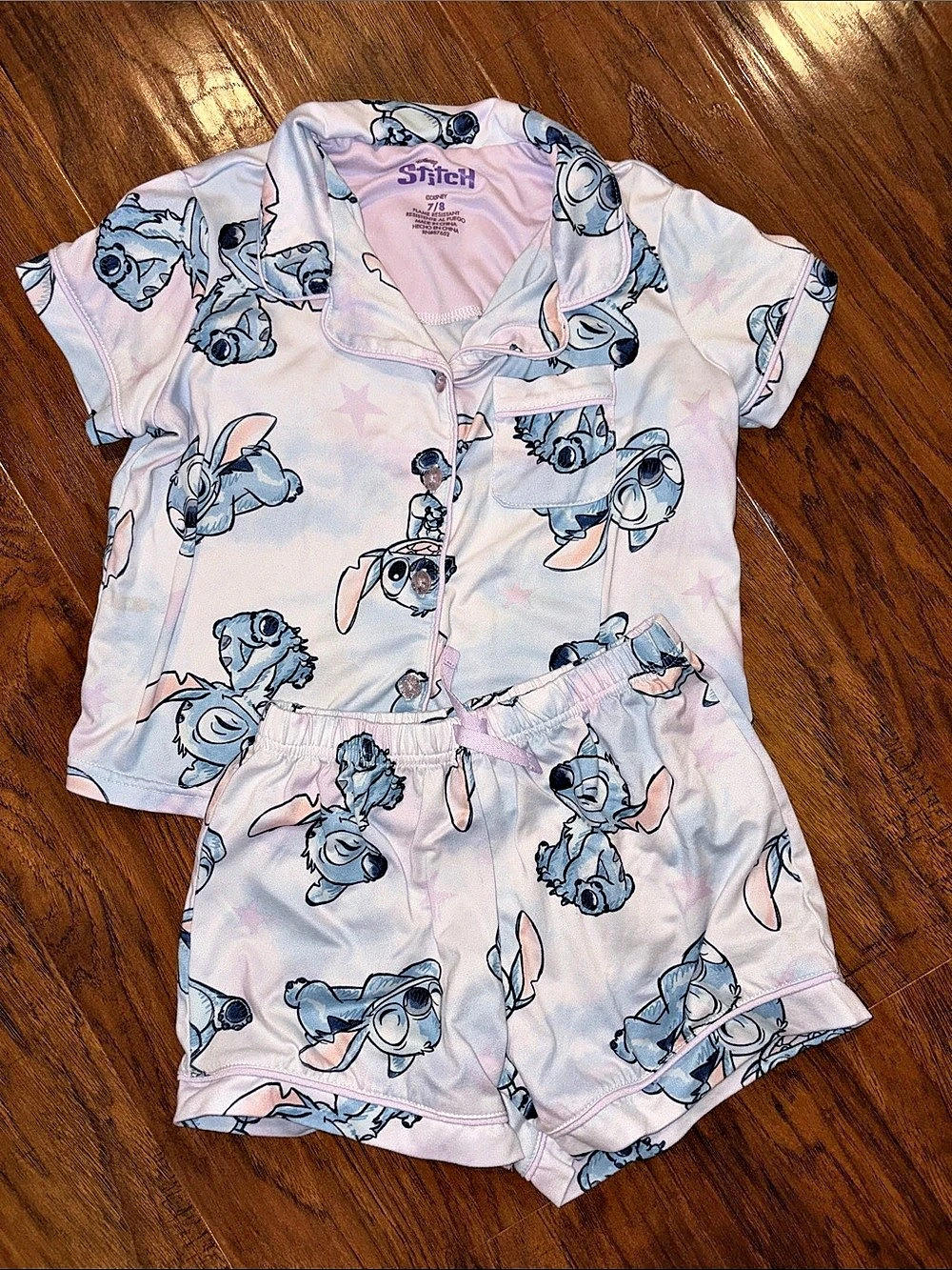 Disney Stitch Pajama Set Girls 7/8 Pink & Blue Matching Set